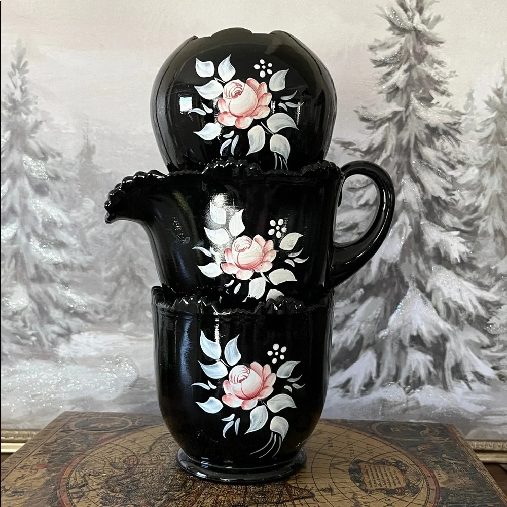 Vintage Pilgrim Glass Black Amethyst Hand-Painted Vase & Covered Jar Set 3 Pc